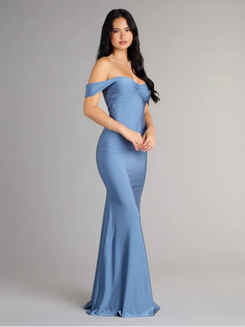 Off the Shoulder Gown in Dusty Blue